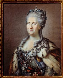 Porträt von Katharina II. (1729-1796), Kaiserin von Russland, mit der Halskette des Heiligen Andreas und dem Band des Kreuzes des Heiligen Georg. Anonyme Aquarell des 18. Jahrhunderts, nach dem Gemälde von Johann Baptist von Lampi (1751-1830) Paris, Museum von Johann Baptist I (after) Lampi