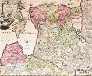 Die Ostsee aus: Baltikum Ducatuum Livoniae et Curlandiae cum vicinis Insulis Nova Exhibitio Geographica, ca. 1720 von Johann Baptista Homann