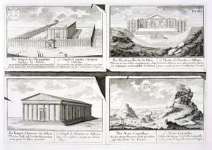 Ansichten von vier klassischen Gebäuden: Der Tempel des Olympischen Zeus, das Dionysostheater in Athen, der Athenatempel in Athen und ein Tempel in Korinth, aus Entwurf einer historischen Architektur