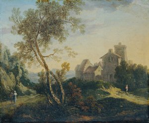 Ideale Landschaft mit Bäumen und befestigtem Dorf (Der Abend) von Johann Christian Brand