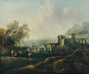 Ideale Landschaft mit Fluss und Brückenruine (Der Morgen) von Johann Christian Brand