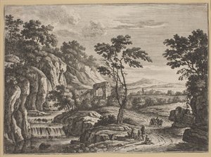 Landschaft mit Ruinen und einem Wasserfall