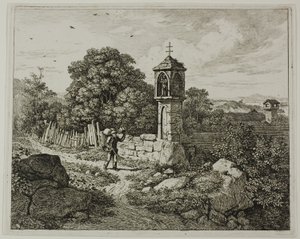Bauer begrüßt einen Wegeschrein der Madonna, Platte eins aus Die zwei großen Landschaften mit den Betsäulen von Johann Christoph Erhard