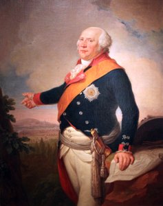 Porträt von König Friedrich Wilhelm II. von Preußen (1744-1797) mit einem Stern des Preußischen Ordens vom Schwarzen Adler, seine linke Hand ruht auf einer Karte von Frankfurt, eine Landschaft mit der preußischen Armee, die außerhalb von Frankfurt lagert