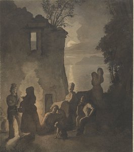 Rastende Savoyarden an einem Feuer am Ufer eines Sees bei Abend