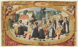 Miniatur eines Kinderspiels: Kinder tanzen um den Hahn von Johann Daniel Schmied