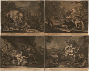 Ca. 1770 allegorische Mezzotintos von Afrika, Asien, Amerika und Europa auf einer Seite von Johann Elias Ridinger