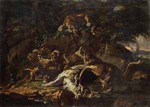 Raubtiere und gerissener Hirsch von Johann Elias Ridinger