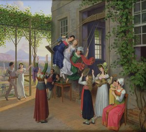 Jugendliche spielen auf einer Schaukel in einem Garten bei Neapel, 1823 von Johann Erdmann Hummel