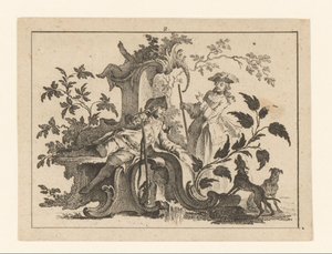 Pfeiferauchender Mann mit Gewehr und Frau mit zwei Hunden auf einem Rokoko-Ornament von Johann Esaias Nilson