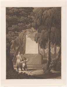 Mann mit einem Kind vor einem Denkmal für einen gefallenen Offizier von Johann Friedrich Frick