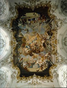 Barockkunst: Die Jungfrau umgeben von Heiligen. Fresko des Gewölbes von Johann Georg Bergmuller. Kirche des Augustinerklosters. Diessen am Ammersee, Deutschland