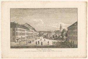 Ansicht des Hackescher Markts in Berlin, mit der Marienkirche im Hintergrund von Johann Georg Rosenberg
