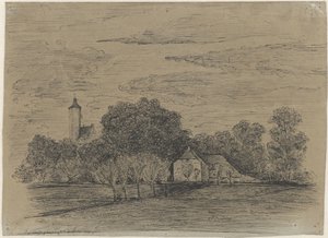 Landschaft mit Bauernhof und Turm