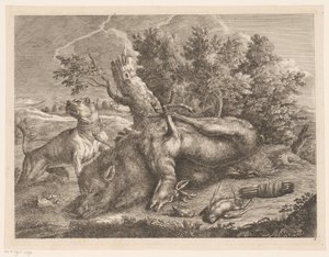 Jagdhund und Jagdbeute mit Wildschwein, Hirsch und Vögeln