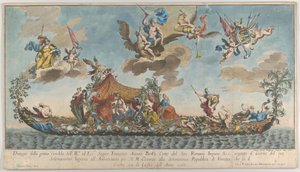 Die hochverzierte erste Gondel von Francesco Antonio Berka, die Venedig betritt, Götter auf cl..., 1700