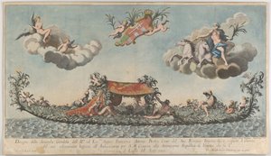 Die hochverzierte zweite Gondel von Francesco Antonio Berka, die Venedig betritt, Götter auf c..., 1700