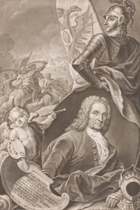 Brustbild des Malers Georg Philipp Rugendas mit Schlachtenszene im Hintergrund von Johann Gottfried Haid