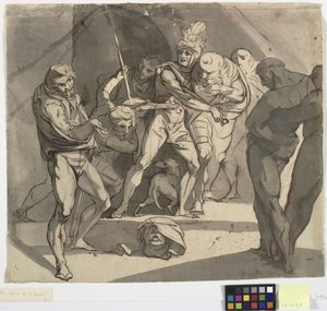 Richard Plantagenet wirft den abgetrennten Kopf des Herzogs von Somerset zu den Füßen seines Vaters. Illustration zu Shakespeares Henry VI, Teil 3, Akt 1, Zeile 20 von Johann Heinrich Füssli