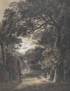 Familie vor einem Denkmal in einer Landschaft mit Wasserfall, 1805