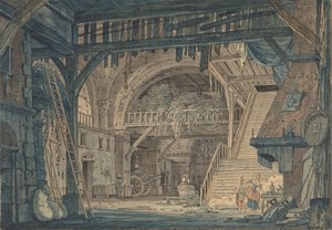 Bühnenbildentwurf einer antiken römischen Ruine, die in eine Scheune umgewandelt wird, spätes 18. - mittleres 19. Jahrhundert von Johann Heinrich Ramberg