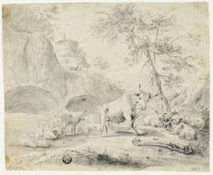 Landschaft mit Hirte und Schafen, Ziege, Rindern von Johann Heinrich Roos