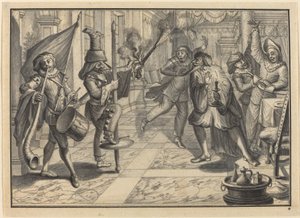 Mezzetin und Harlekin, verkleidet als der Kapitän, stören Pantaloons Abendessen