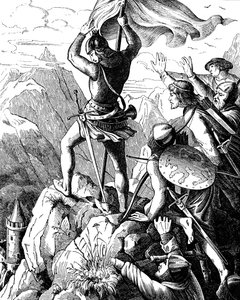 Otto I. von Bayern verhindert eine Niederlage des Kaisers bei Verona, Illustration aus der Geschichte des deutschen Volkes von E. Duller, 1840 von Johann Jakob Kirchhoff