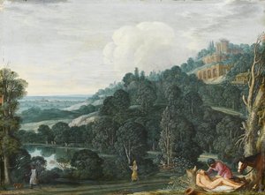 Eine weite Landschaft mit dem barmherzigen Samariter