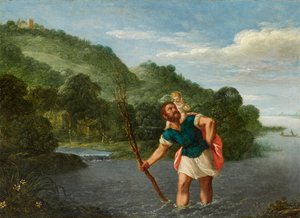 Der Heilige Christophorus trägt das Christuskind in einer Landschaft