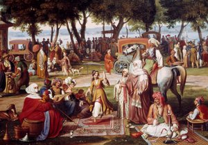 Süßwasser Asiens in Konstantinopel - Süßes Leben: Gruppe von Männern und Frauen beim Rauchen und Tanzen (Detail) von Johann Michael Wittmer