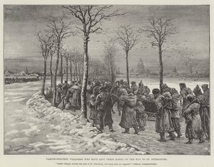 Von Hungersnot betroffene Dorfbewohner, die ihre Häuser auf dem Weg nach St. Petersburg verlassen haben