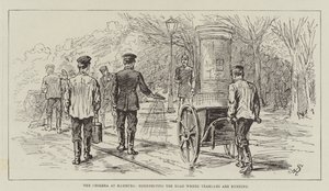 Die Cholera in Hamburg, Desinfektion der Straße, auf der Straßenbahnen fahren von Johann Nepomuk Schonberg