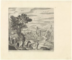 Landschaft mit einem Bauern und seinem Esel