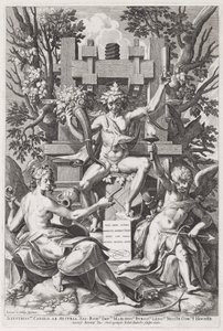Bacchus auf einem Fass zwischen Amor und Musik von Johann Sadeler I