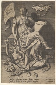 Fiducia, eine sitzende Frau hält ein Buch und ein Banner, während sie ihren Kopf von einem nackten Mann abwendet von Johann Sadeler I