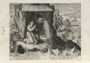 Gudwaldus, Tafel 9 von 25 aus der Serie Trophaeum Vitae Solitariae (Männliche Einsiedler) von Johann Sadeler I