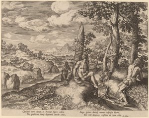 Landschaft mit drei nackten Männern und einem Hund