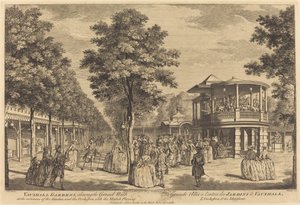 Vauxhall Gardens zeigt den großen Spaziergang am Eingang des Gartens und das Orchester mit Musik