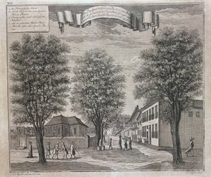 Die portugiesische Kirche und chinesische sowie europäische Häuser in einer Straße in Batavia, aus einer Serie von Ansichten von Batavia 