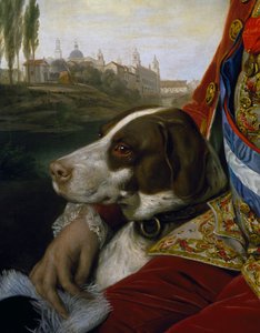Hund, Detail aus einem Porträt von Ferdinand von Bourbon, Herzog von Parma von Johann Zoffany
