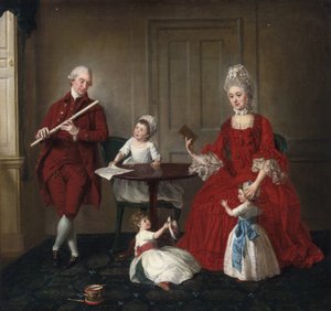 Rokoko: Porträt von Mr. und Mrs. James Blew und ihren drei Kindern in einem eleganten Interieur