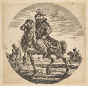 Ungarischer Reiter, der nach links reitet, andere Reiter im Hintergrund, ein Kreis... n.d. von Johanna Christina Küsel