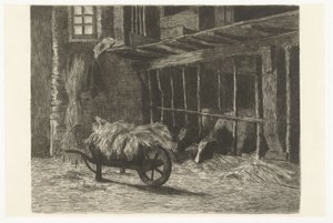 Innenraum eines Stalls mit Kühen und Heuwagen