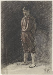 Stehender Mann mit Helm und aufgerollten Buchspijpen von Johannes Abraham Mondt