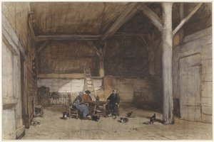 Bauerninterieur mit zwei Männern und einer Frau an einem Tisch, dazu einige Hühner und Katzen von Johannes Bosboom
