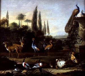 Ein Parklandschaft mit Hirschen und exotischen Vögeln