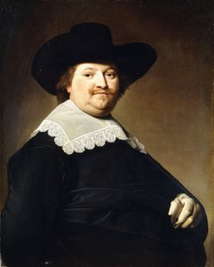 Porträt eines Gentlemans, Halbfigur, in schwarzem Kostüm mit weißem Spitzenkragen und schwarzem Hut von Johannes Cornelisz. Verspronck