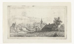 Dorfansicht mit Kirchturm zwischen Bäumen