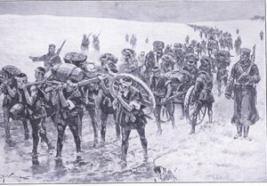 Japaner auf dem Marsch. Männer anstelle von Packponys, Illustration aus Cassells Geschichte des Russisch-Japanischen Krieges Band 1, ca. 1900